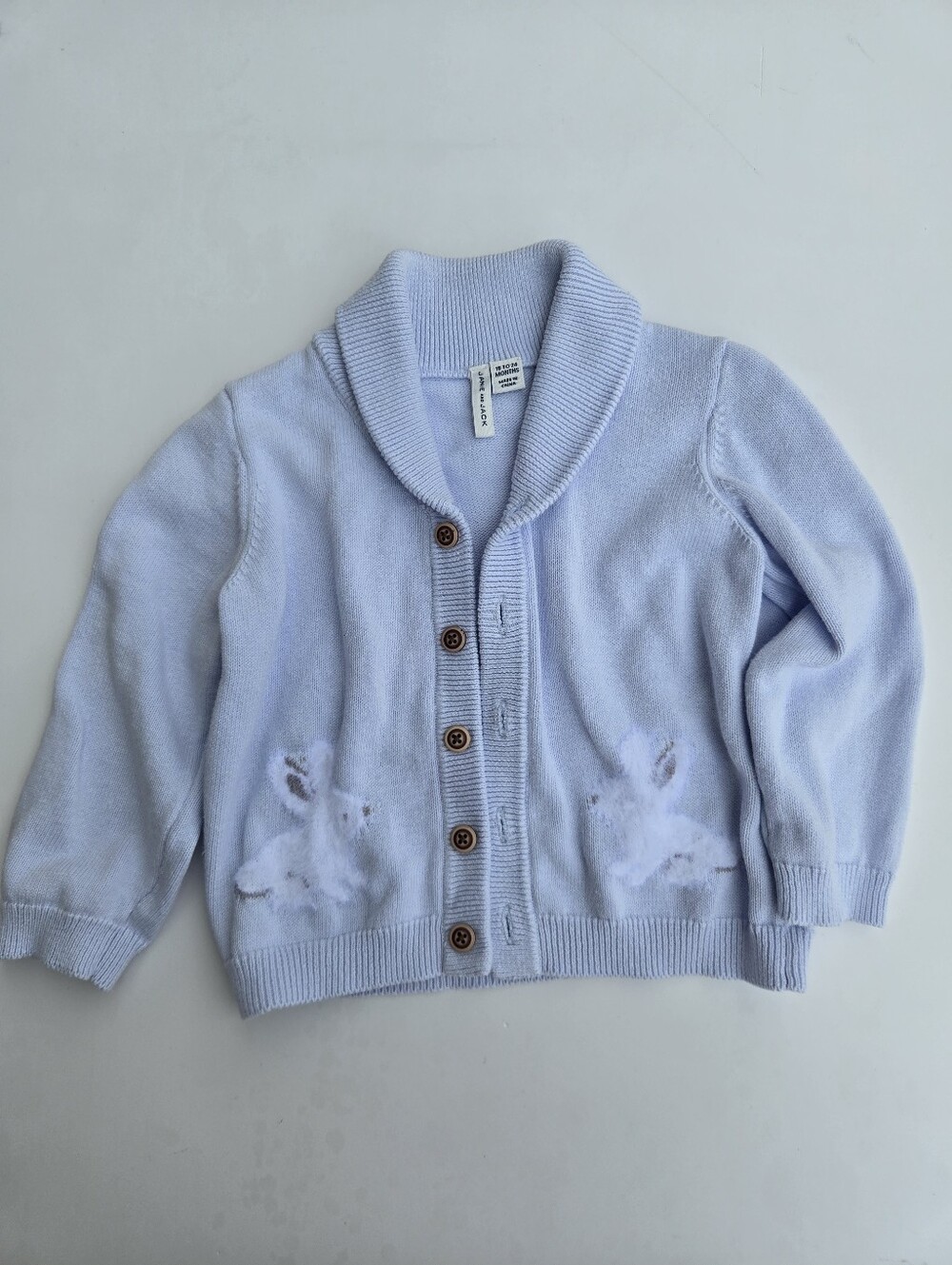 Janie and Jack Pale Blue Shawl Collar Cardigan with Bunny Motif 18-24m